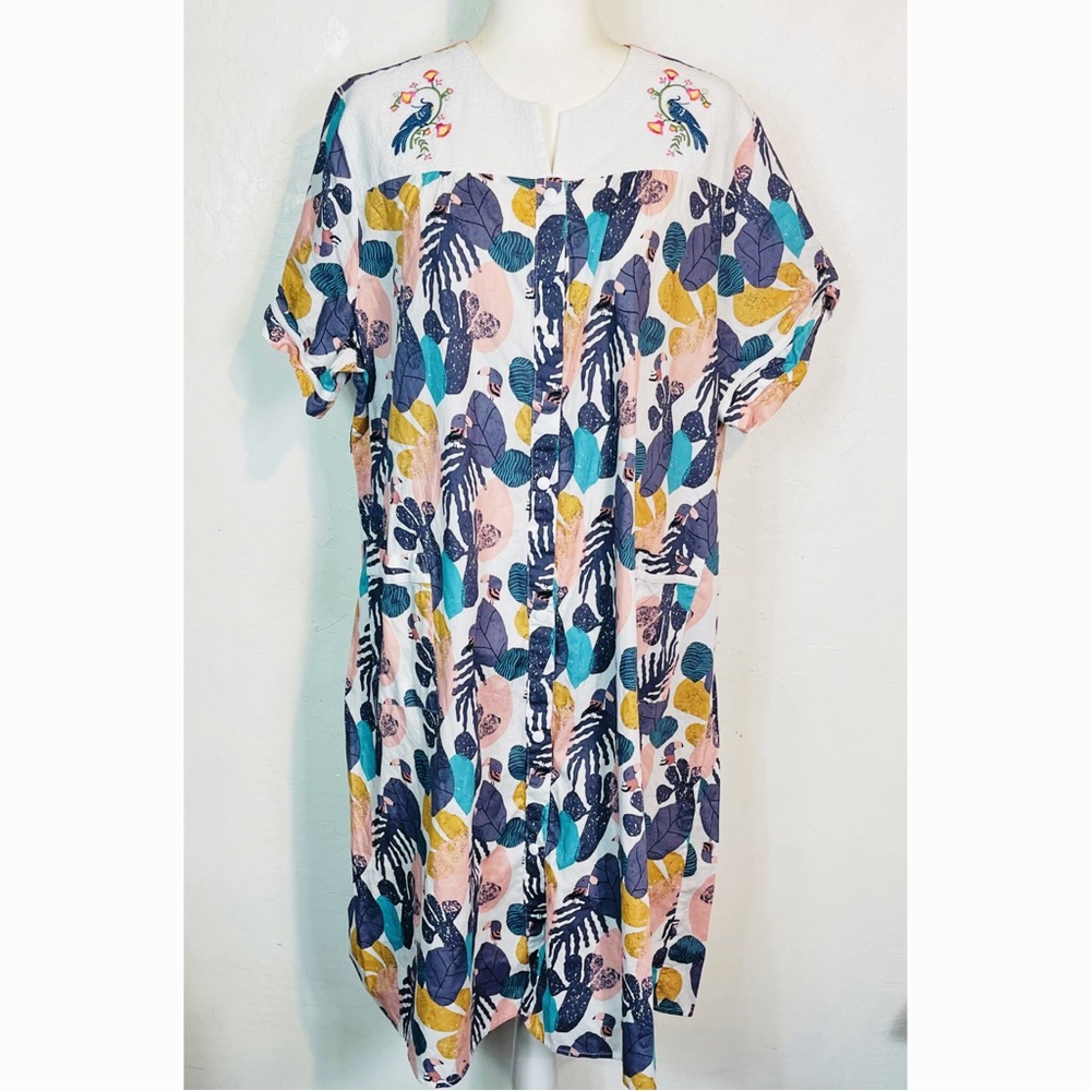 Yozly Plus Size 3X House Dress Mumu Snap Button Down Embroidered Bird Print